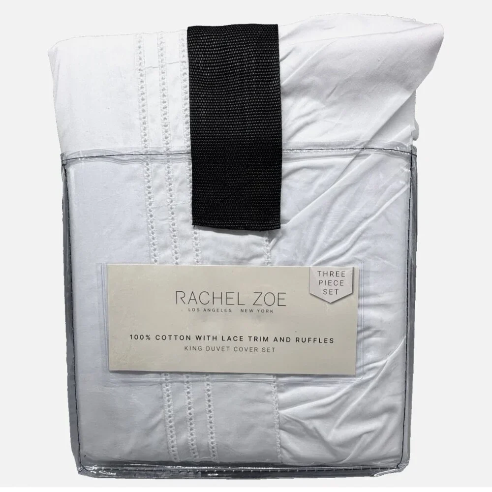 3pc Rachel Zoe White Ruffle Eyelet Lace KING Duvet Cover Sham Set Cotton Cottage